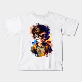 Cartoon little boy with glasses color Kids T-Shirt